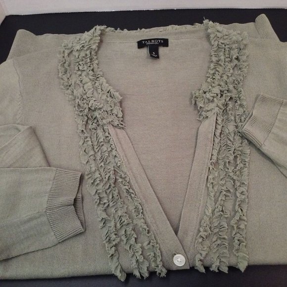 Talbots Silk-Cotton Fine Knit Cardigan Top Ladies sz-Small Fringe V-Neck Sage - Picture 7 of 10
